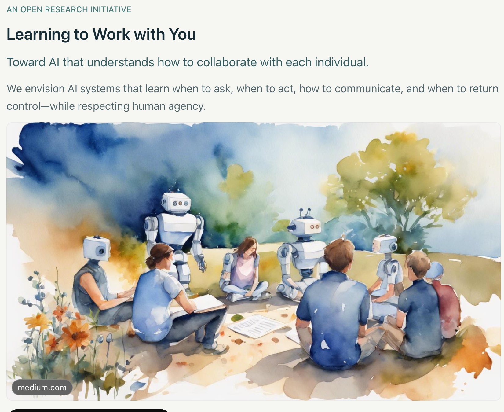 Watercolor illustration of people and robots gathered in a collaborative circle.